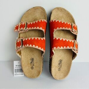 NWT Niki Slip On Sandals Womens 5/6 Orange Double Strap Gold Buckles Embroidered